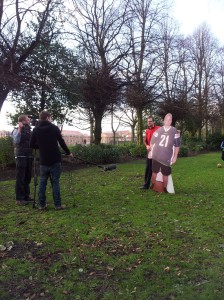 My fat friend and me, the camera crew and a park, dodging the rain, welcome to Manchester